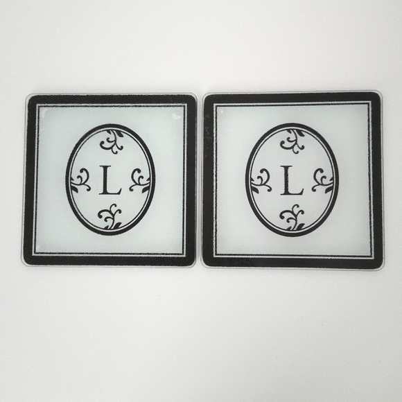 Glass Black & White Trivets (SET OF 2)- Monogram Initial Letter "L"- 8" x 8" - Picture 2 of 6